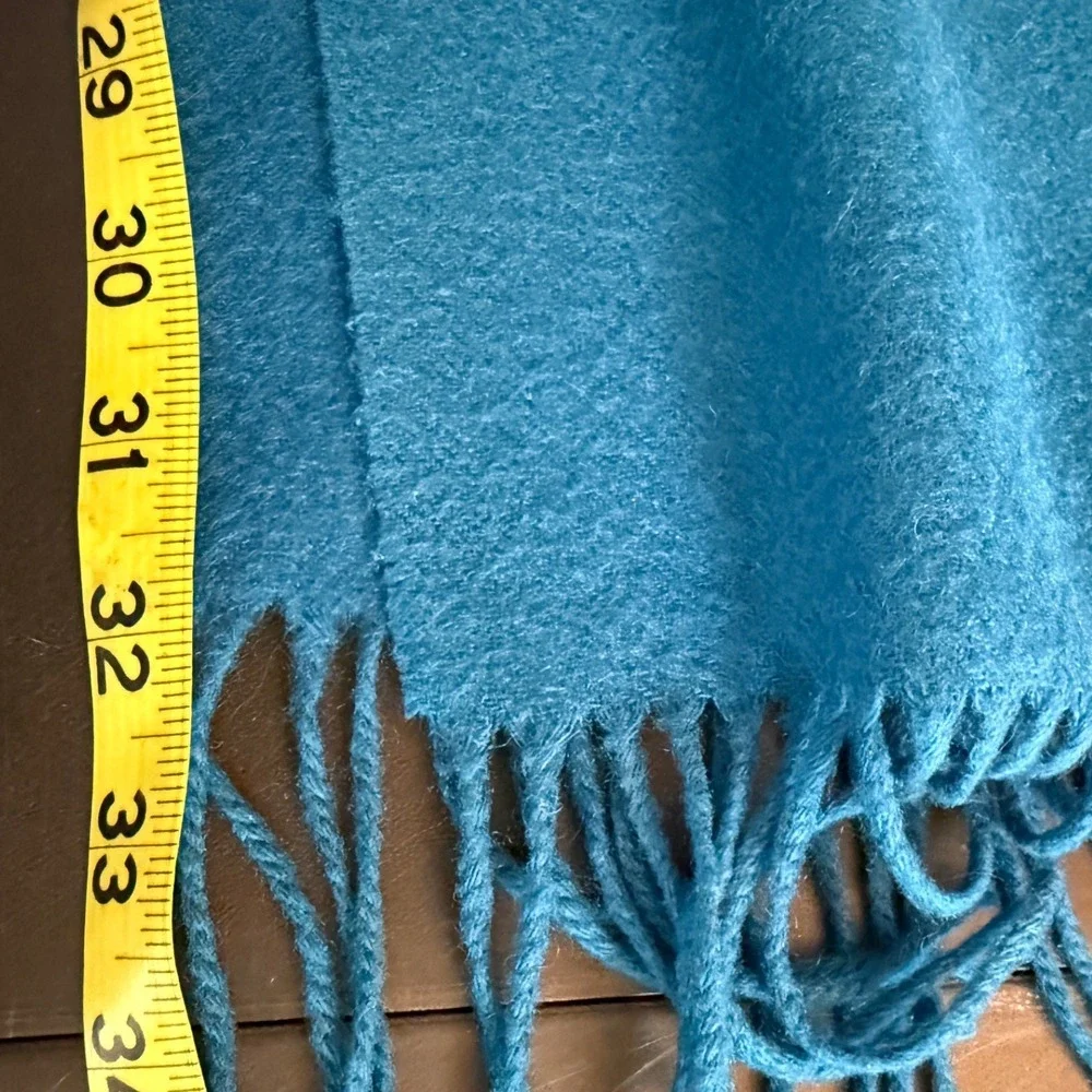 Vintage Alashan Blue Wool Cashmere Fringe Scarf Solid Winter Accessory